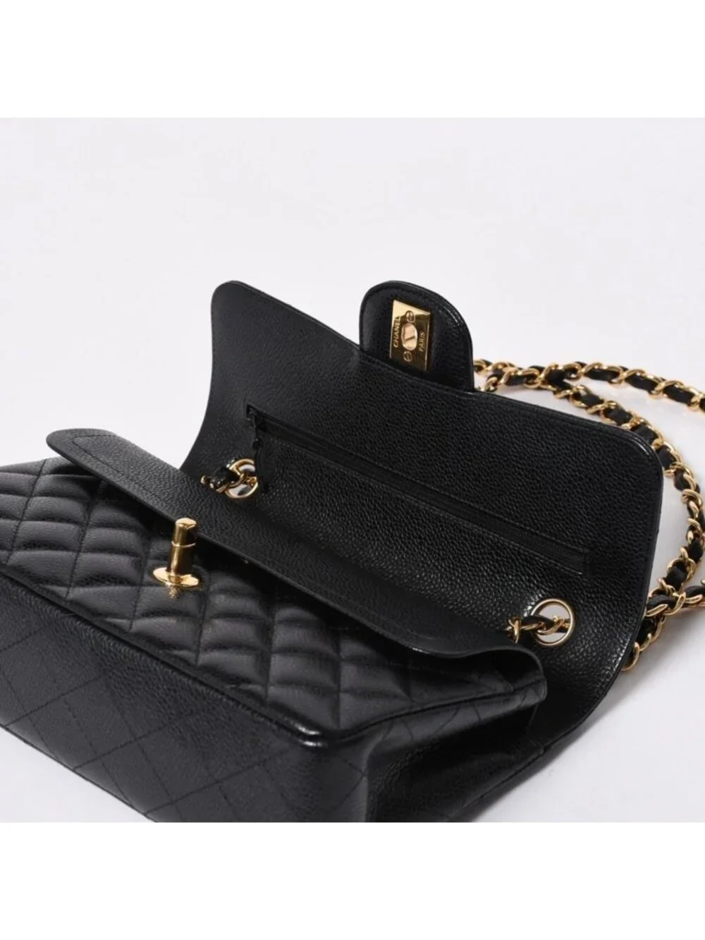 Chanel Quilted 23 Double Flap Chain Shoulder Bag CC Logo Caviar Leather Black